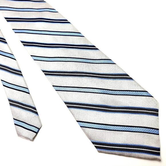 Pierre Cardin White Silk Tie‎ Woven Wide Stripes - Picture 1 of 6